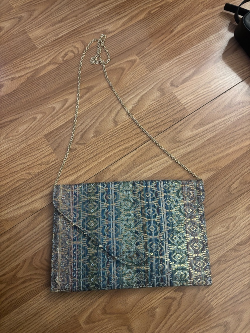 Metallic Blue Patterned Envelope Clutch with Gold Chain